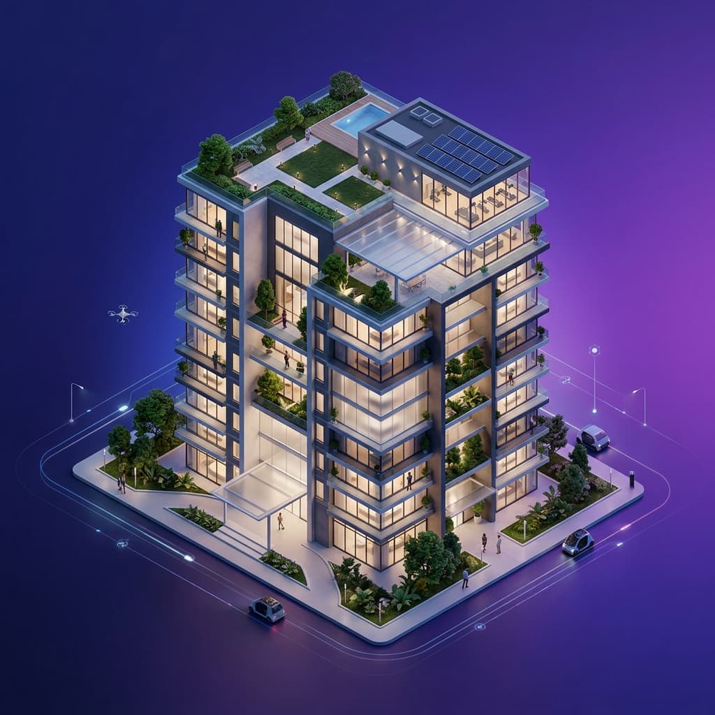Immeuble moderne en vue isométrique : terrasses vertes, toit végétalisé et piscine sur le toit